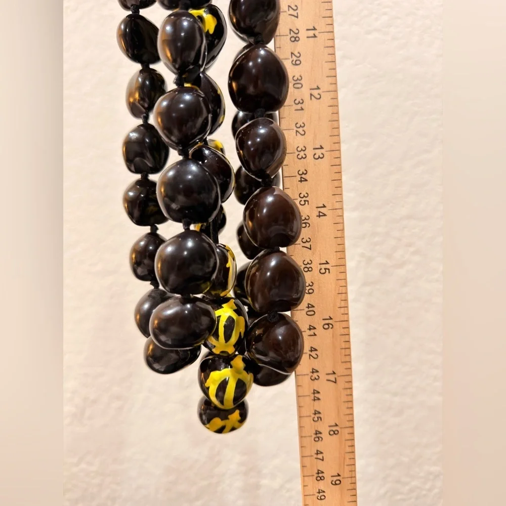 3 Hawaiian Leí Style Kukui Nut Bead Necklace, 1 Painted Yellow turtle & 2 brown